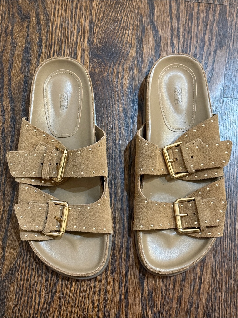 Zara Tan Suede Double Buckle Slide Sandals with Gold Hardware